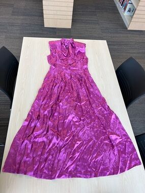 SABINA MUSAYEV fuchsia satin jacquard floral print neck bow sleeveless dress S